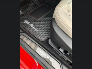 Alfa Romeo Giulia Floor Mats - Italian Leather - Front - Black w/ Red Stitching - White Script